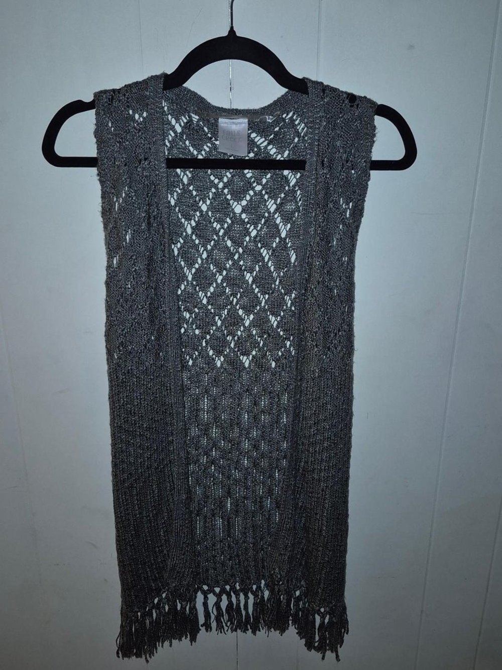 Falls Creek Open Knit Sleeveless Fringe Vest - Gray